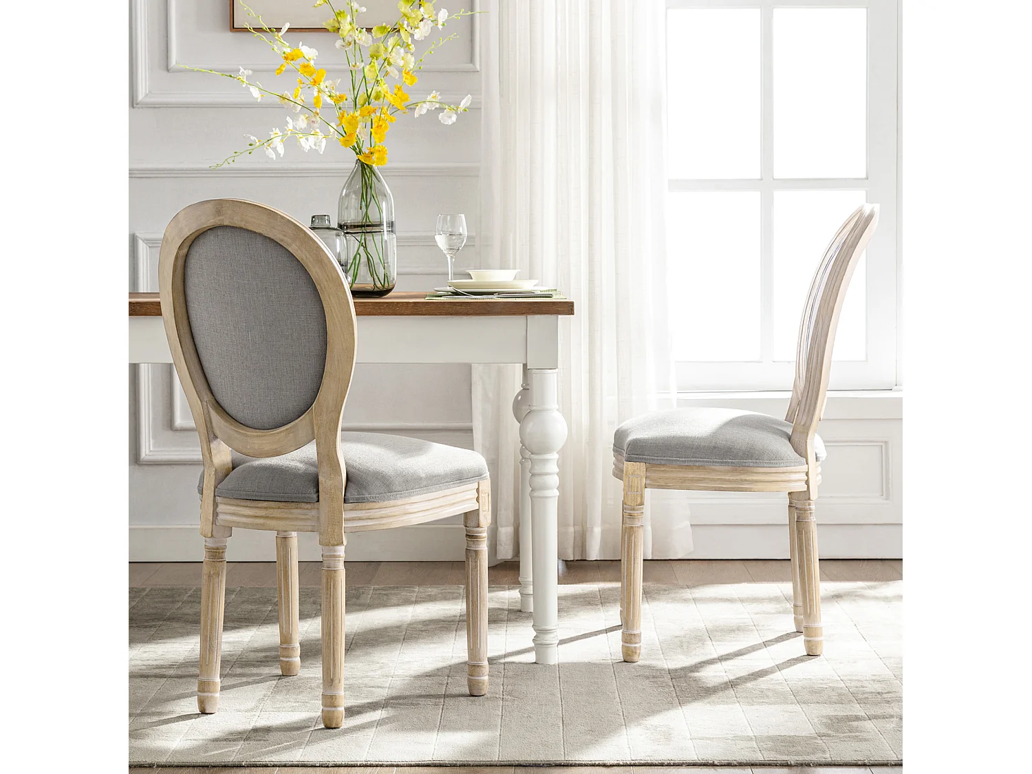 Silla de comedor barroca, sillas de comedor estilo rústico francés, silla barroca, silla tapizada, juego de 2 sillas de cocina de madera, color gris
