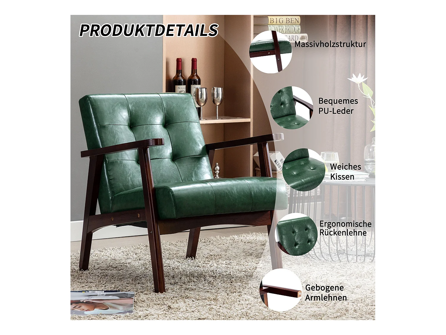 Silla de Madera con Brazos Fahlber - Sillón Relax para Interior/Exterior - Tapizado Beige Opcional