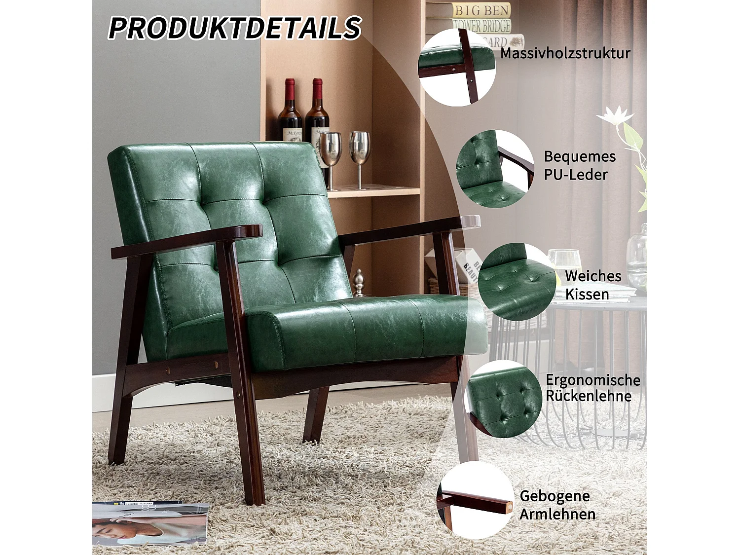 Silla de Madera con Brazos Fahlber - Sillón Relax para Interior/Exterior - Tapizado Beige Opcional