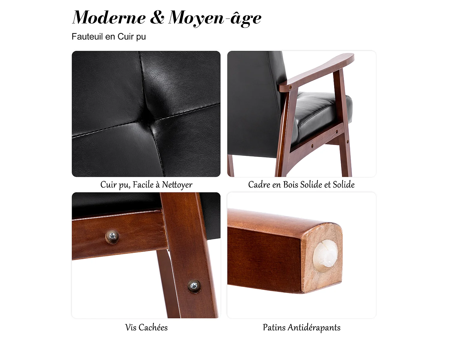 Sillón HomeMiYN, sillón de salón de piel sintética con estructura de madera, estilo retro