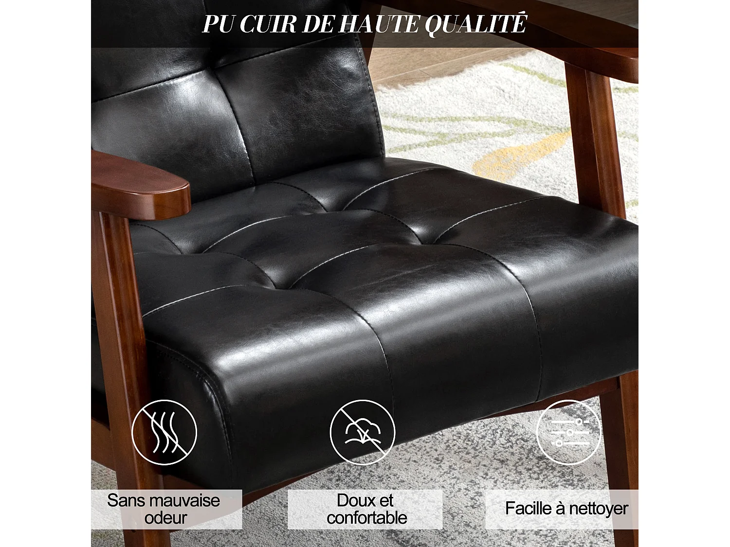 Sillón HomeMiYN, sillón de salón de piel sintética con estructura de madera, estilo retro