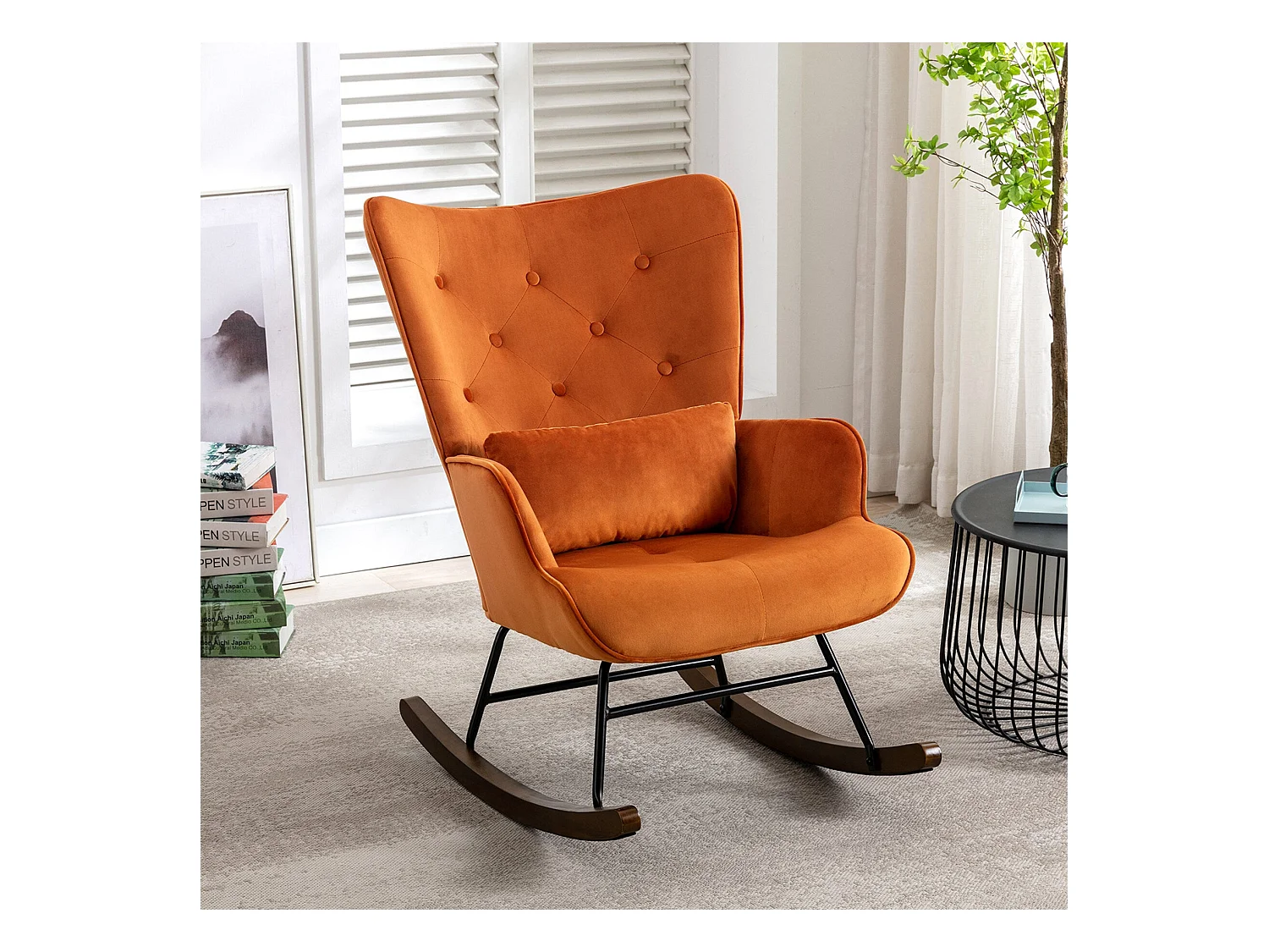 Mecedora Mecedora de Terciopelo con Estructura de Metal y Base de Madera, Silla tapizada para salón Sillón Retro Silla Color Caramelo