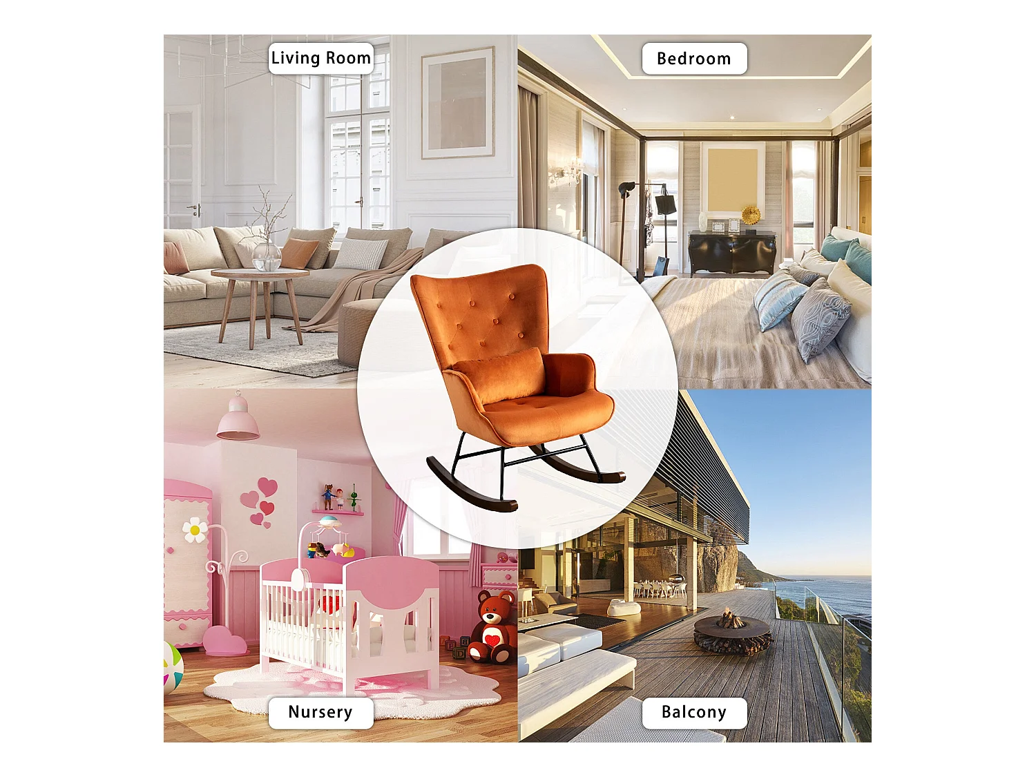 Mecedora Mecedora de Terciopelo con Estructura de Metal y Base de Madera, Silla tapizada para salón Sillón Retro Silla Color Caramelo