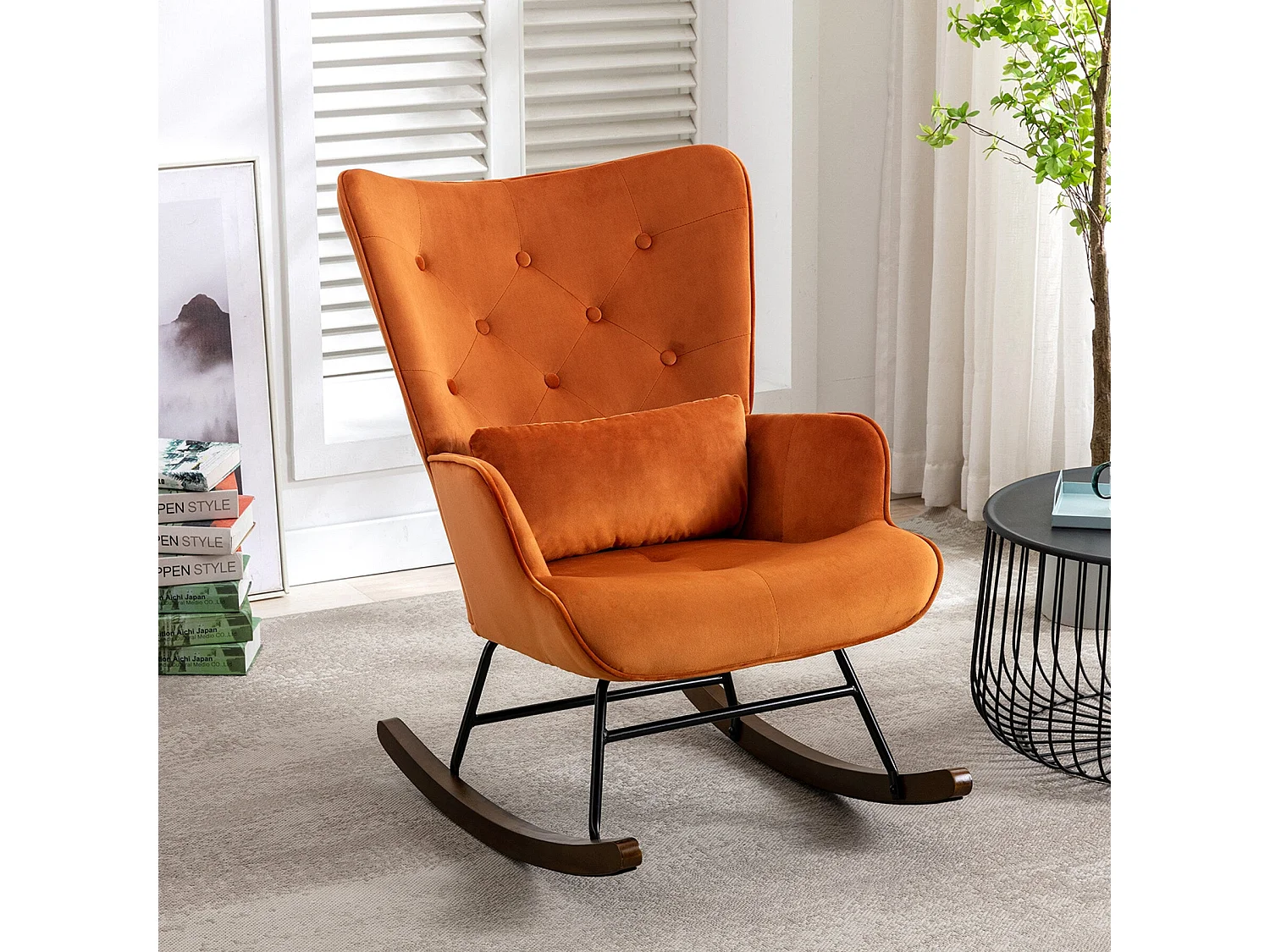 Schommelstoel, fluwelen schommelstoel met metalen frame en houten onderstel, gestoffeerde stoel voor de woonkamer, retro fauteuil, karamelkleurige stoel