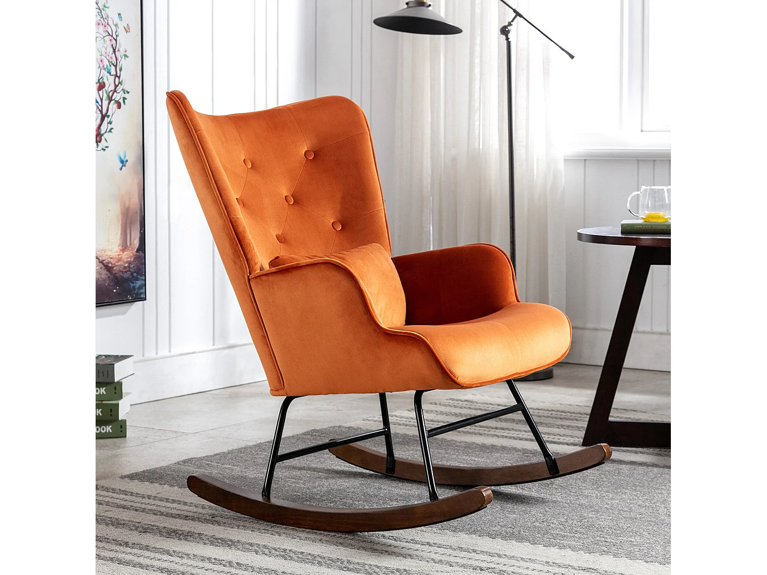 Schommelstoel, fluwelen schommelstoel met metalen frame en houten onderstel, gestoffeerde stoel voor de woonkamer, retro fauteuil, karamelkleurige stoel