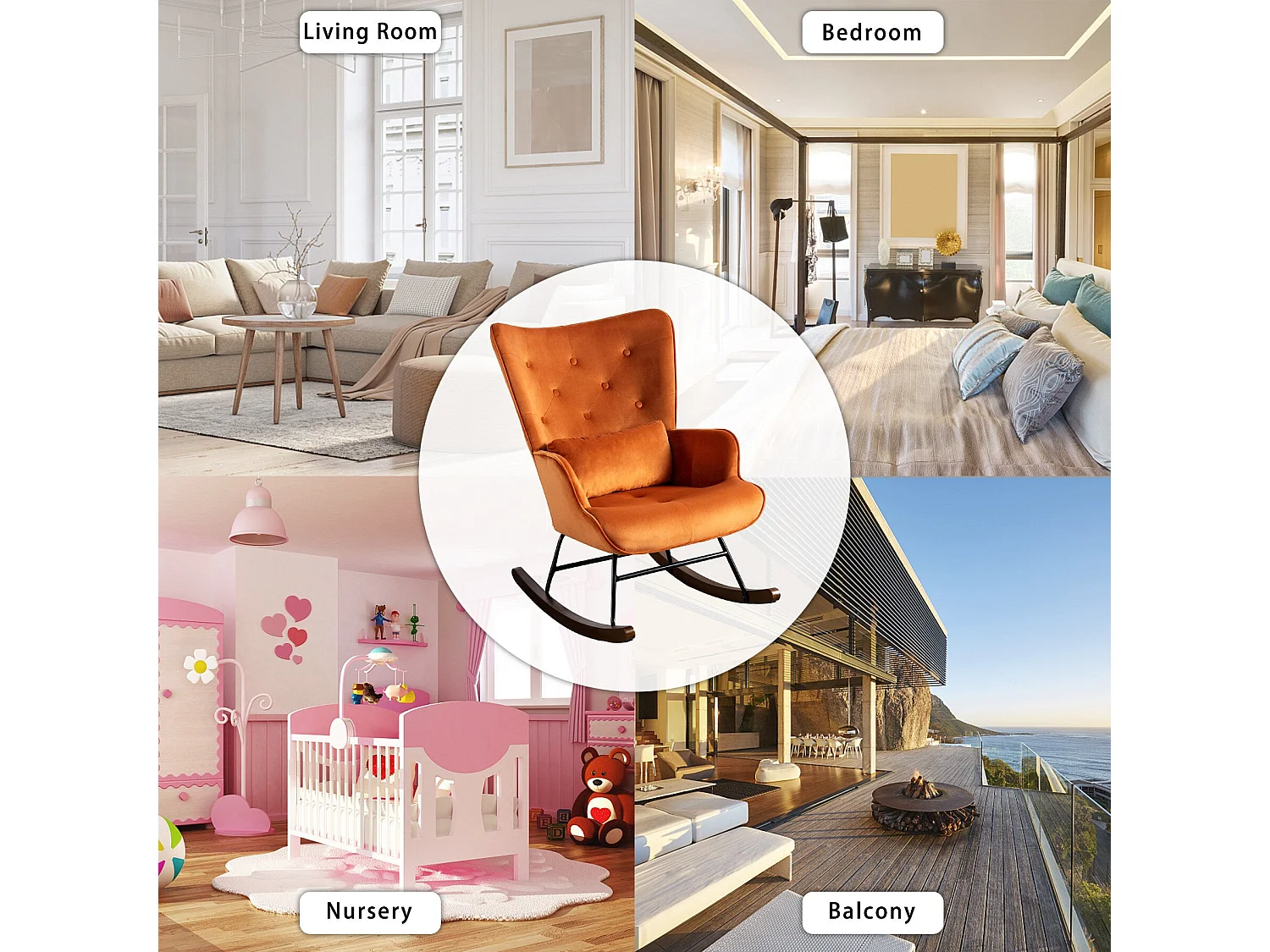 Schommelstoel, fluwelen schommelstoel met metalen frame en houten onderstel, gestoffeerde stoel voor de woonkamer, retro fauteuil, karamelkleurige stoel