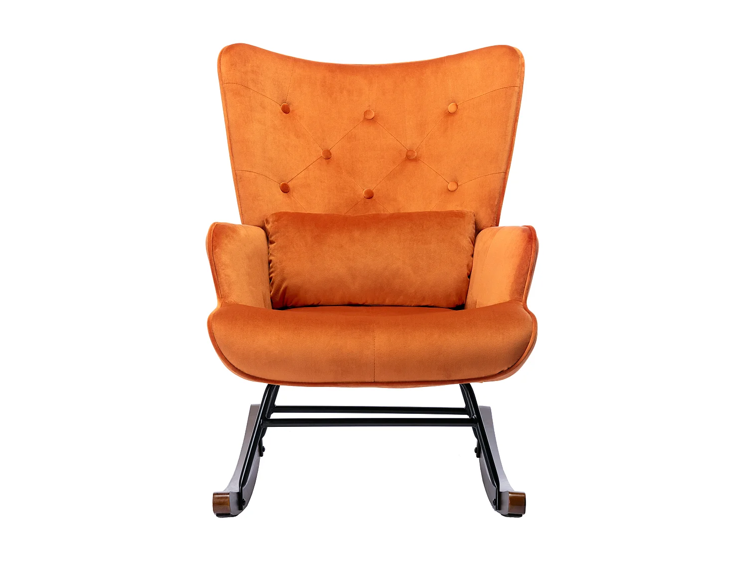 Schommelstoel, fluwelen schommelstoel met metalen frame en houten onderstel, gestoffeerde stoel voor de woonkamer, retro fauteuil, karamelkleurige stoel