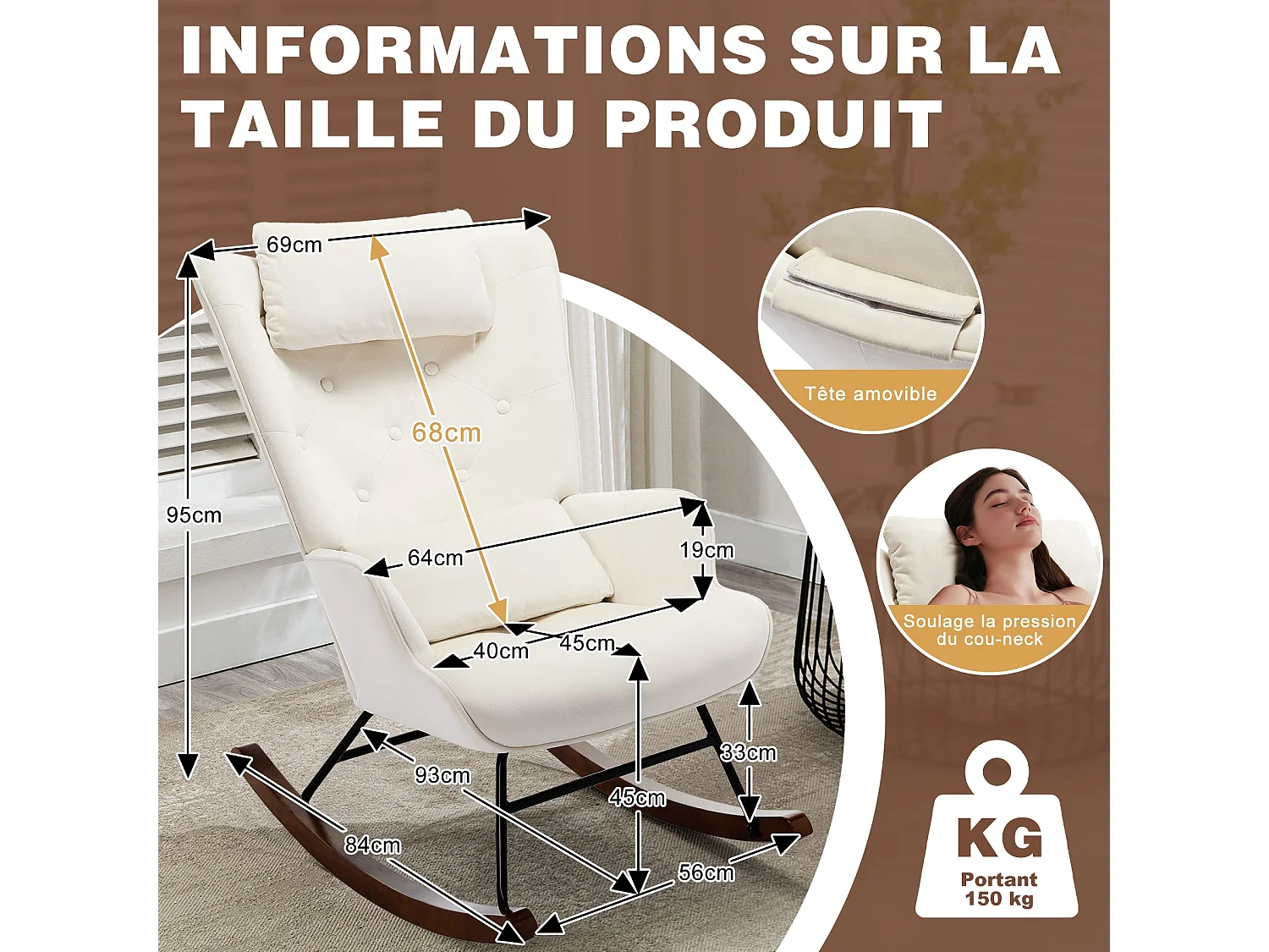 Schaukelstuhl mit Kopfstütze, Loungesessel aus Samt, Stillsessel, Schaukelstuhl