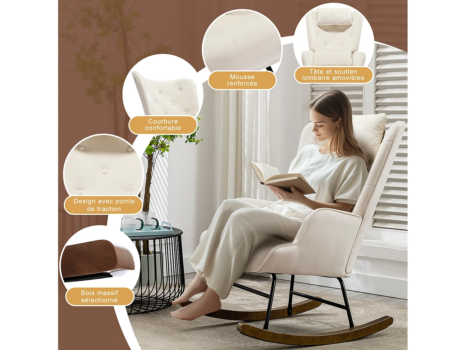 Schaukelstuhl mit Kopfstütze, Loungesessel aus Samt, Stillsessel, Schaukelstuhl