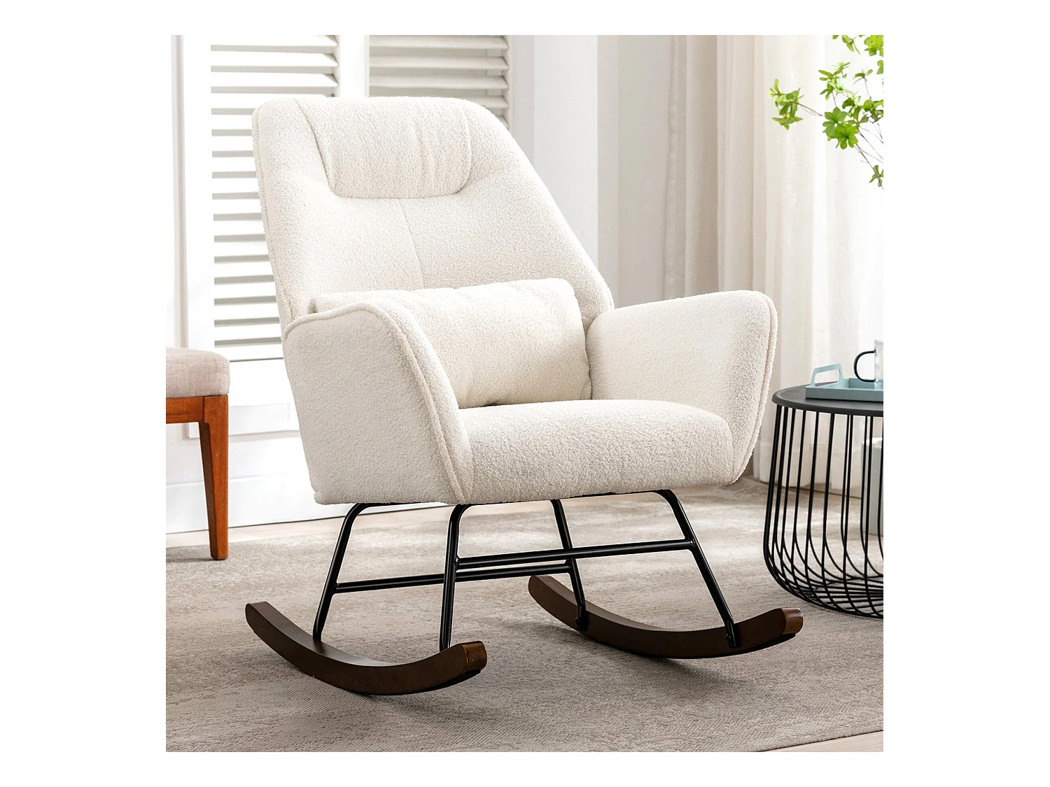 Mecedora Mecedora de lana de oveja Sillón de peluche con estructura de metal y base de madera Sillón Sillón tapizado, color blanco