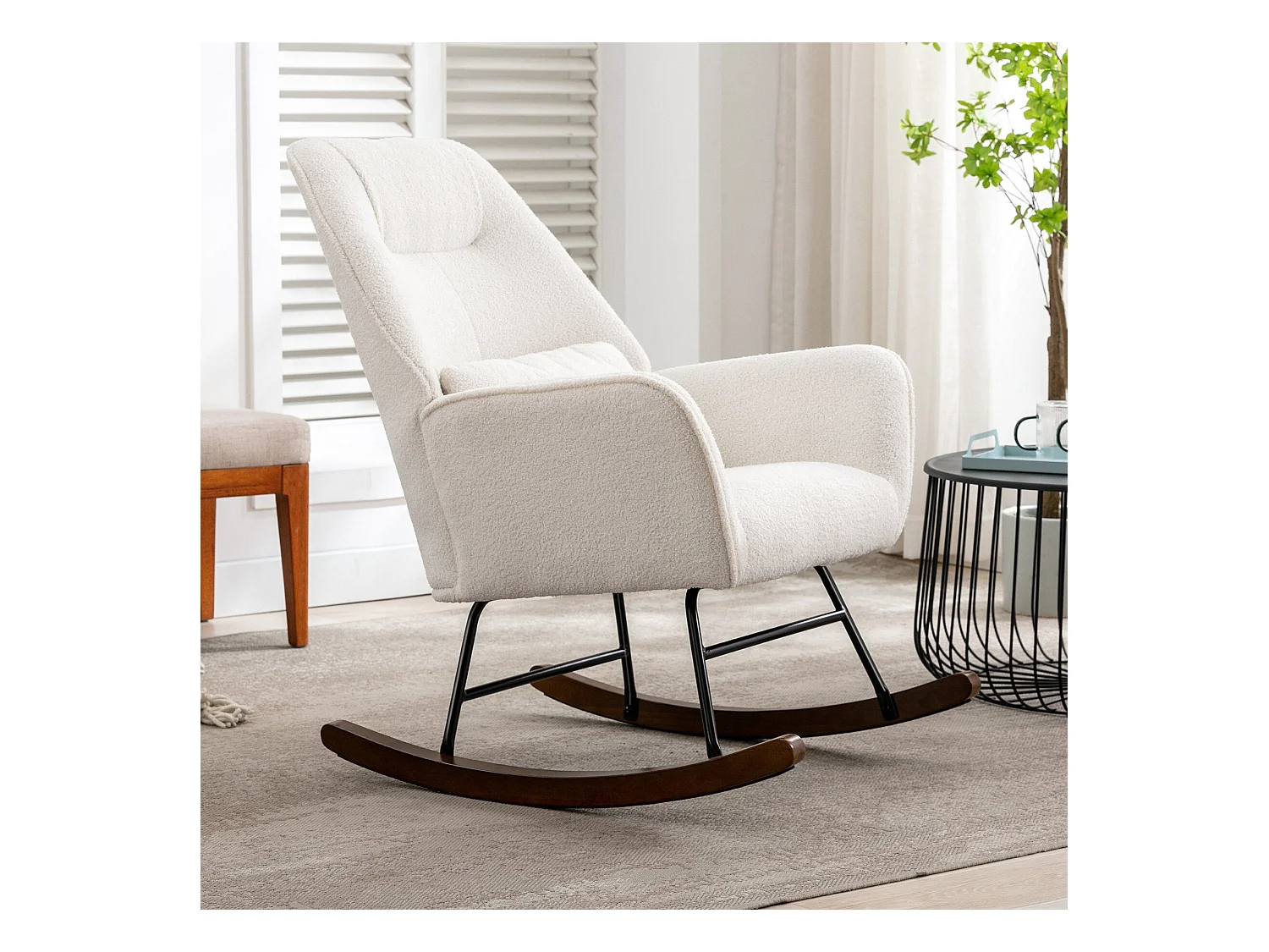 Mecedora Mecedora de lana de oveja Sillón de peluche con estructura de metal y base de madera Sillón Sillón tapizado, color blanco