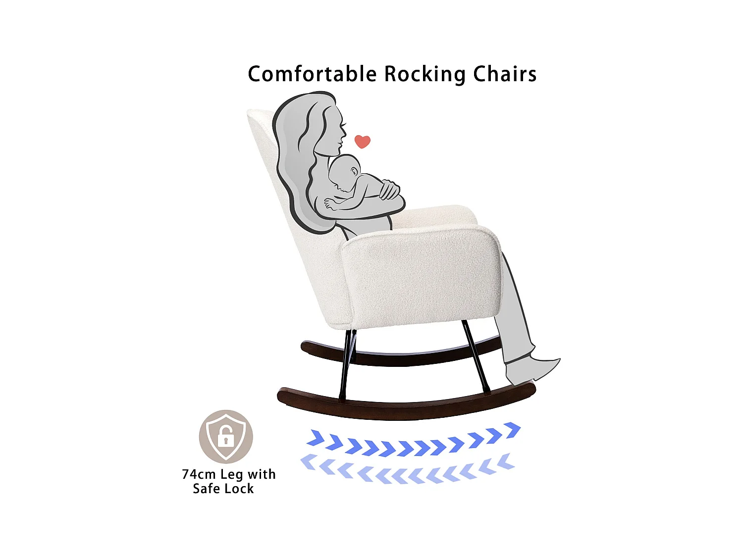 Mecedora Mecedora de lana de oveja Sillón de peluche con estructura de metal y base de madera Sillón Sillón tapizado, color blanco