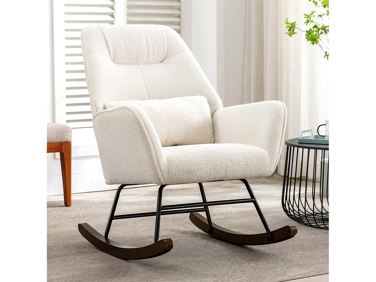 Mecedora Mecedora de lana de oveja Sillón de peluche con estructura de metal y base de madera Sillón Sillón tapizado, color blanco