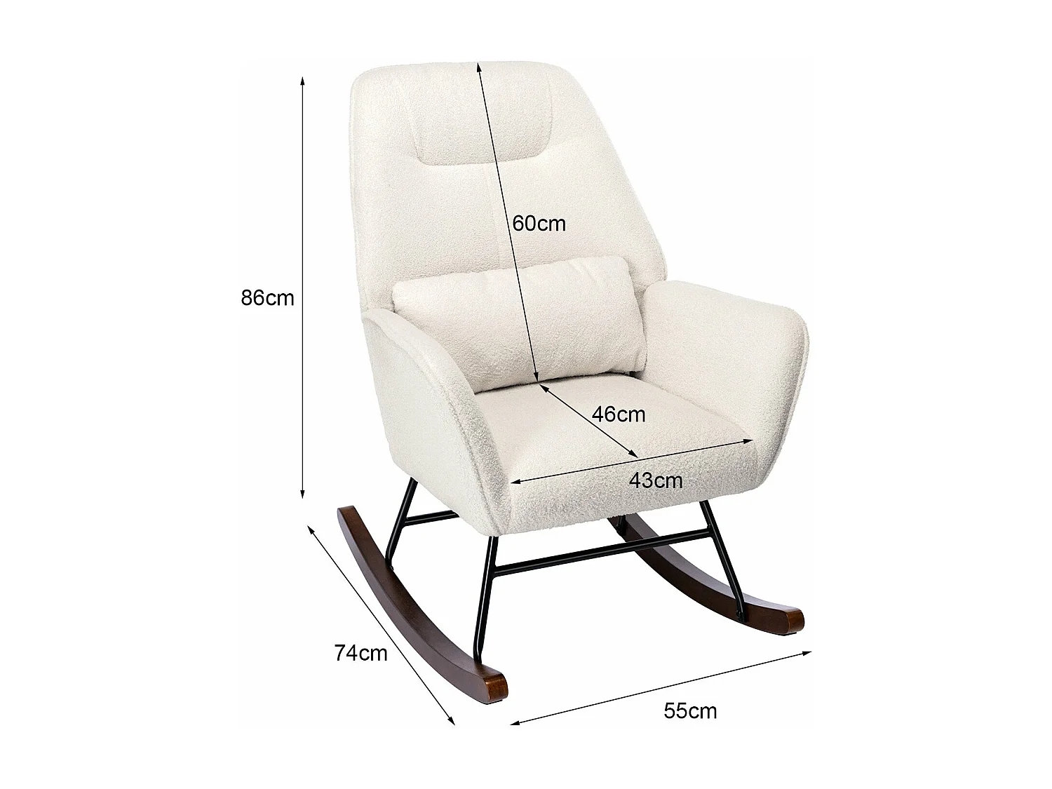 Mecedora Mecedora de lana de oveja Sillón de peluche con estructura de metal y base de madera Sillón Sillón tapizado, color blanco