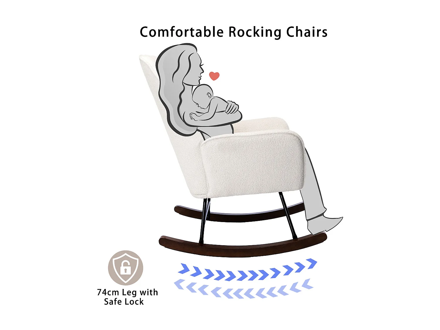 Mecedora Mecedora de lana de oveja Sillón de peluche con estructura de metal y base de madera Sillón Sillón tapizado, color blanco