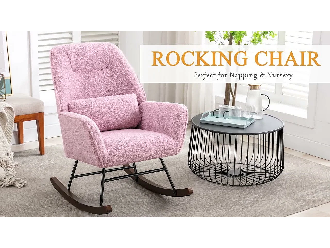 Mecedora Mecedora de lana de oveja Sillón de peluche con estructura de metal y base de madera Sillón Sillón tapizado, color blanco