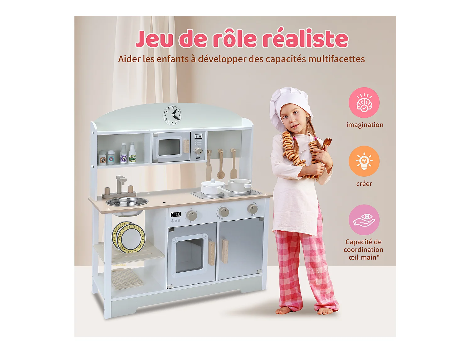 Cocina infantil de madera multifuncional: juguete de aprendizaje creativo con características de seguridad y diseño moderno