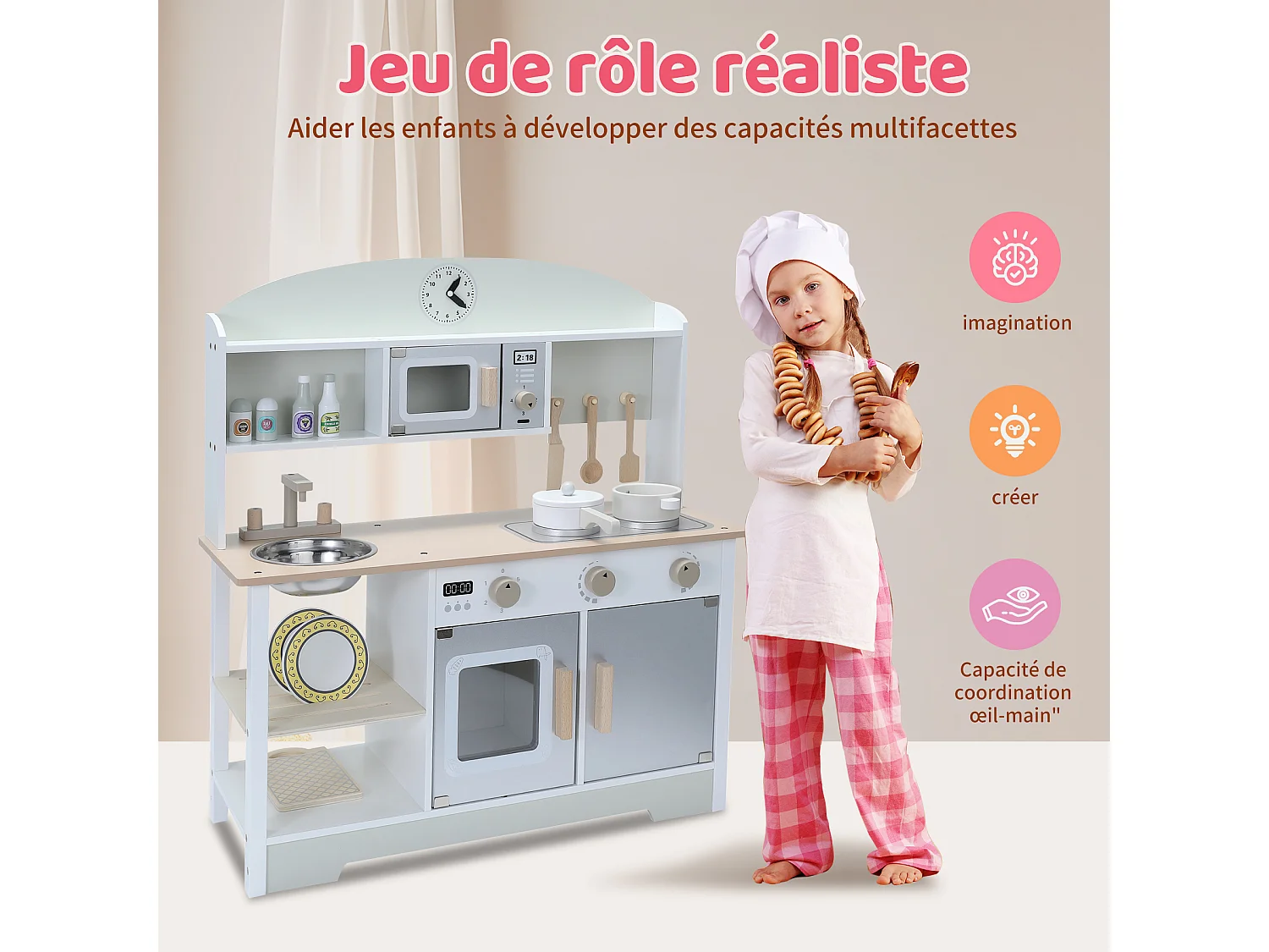 Cocina infantil de madera multifuncional: juguete de aprendizaje creativo con características de seguridad y diseño moderno