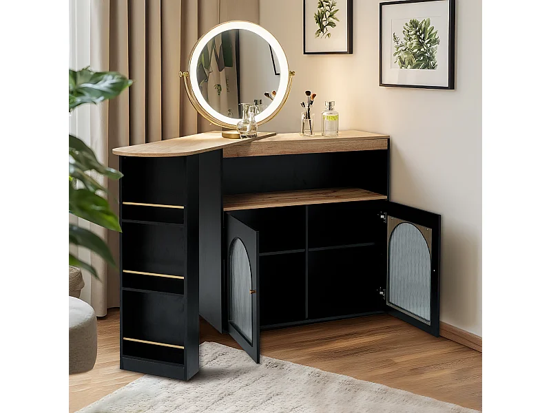 URBAN MEUBLE Vanité extensible rotative moderne noir avec rangement et bande lumineuse LED