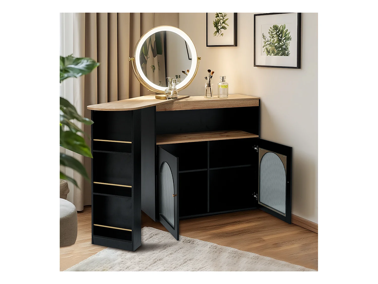 URBAN MEUBLE Vanité extensible rotative moderne noir avec rangement et bande lumineuse LED