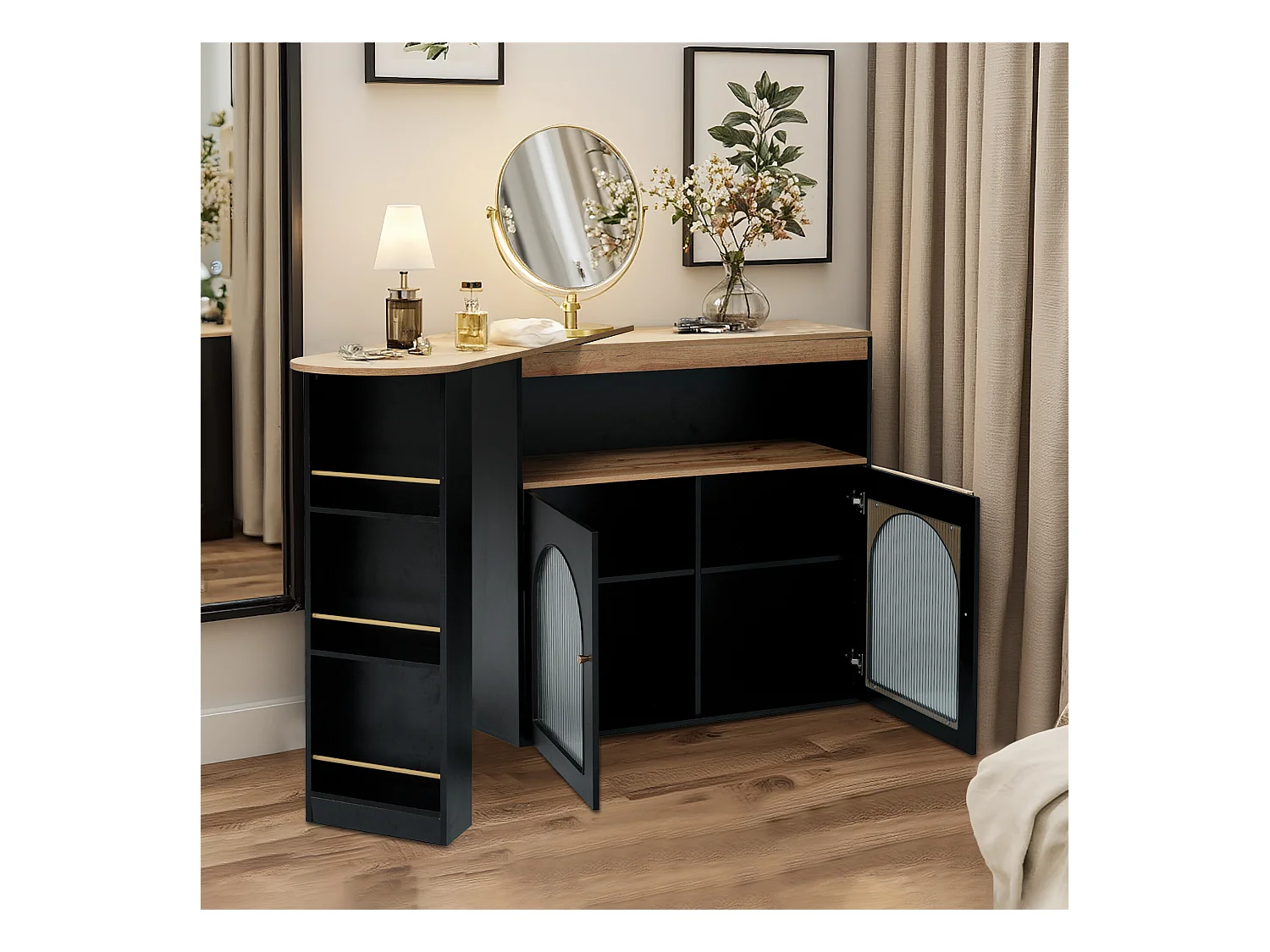 URBAN MEUBLE Vanité extensible rotative moderne noir avec rangement et bande lumineuse LED