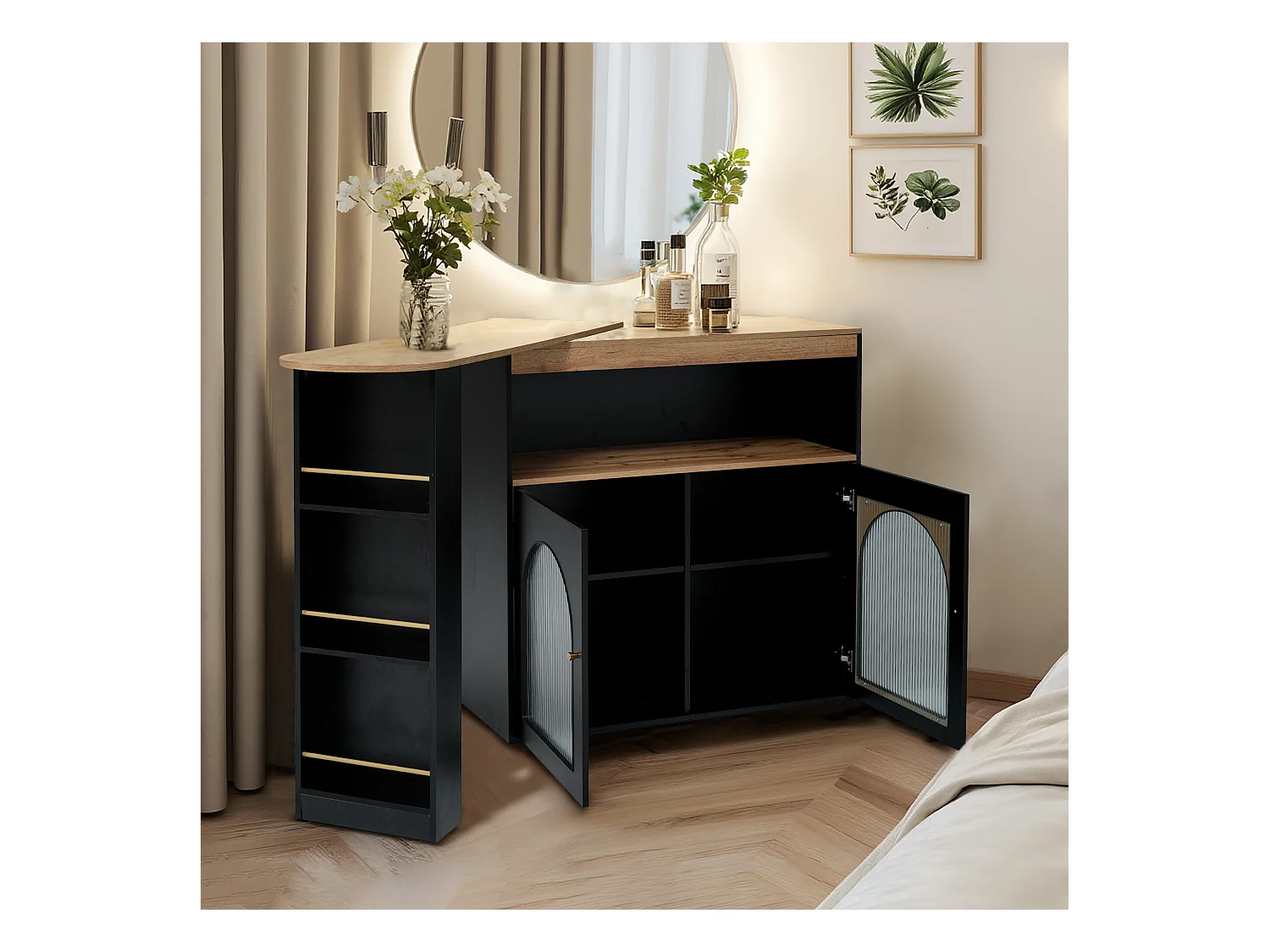 URBAN MEUBLE Vanité extensible rotative moderne noir avec rangement et bande lumineuse LED