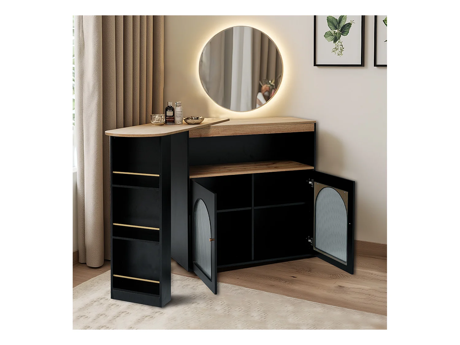 URBAN MEUBLE Vanité extensible rotative moderne noir avec rangement et bande lumineuse LED