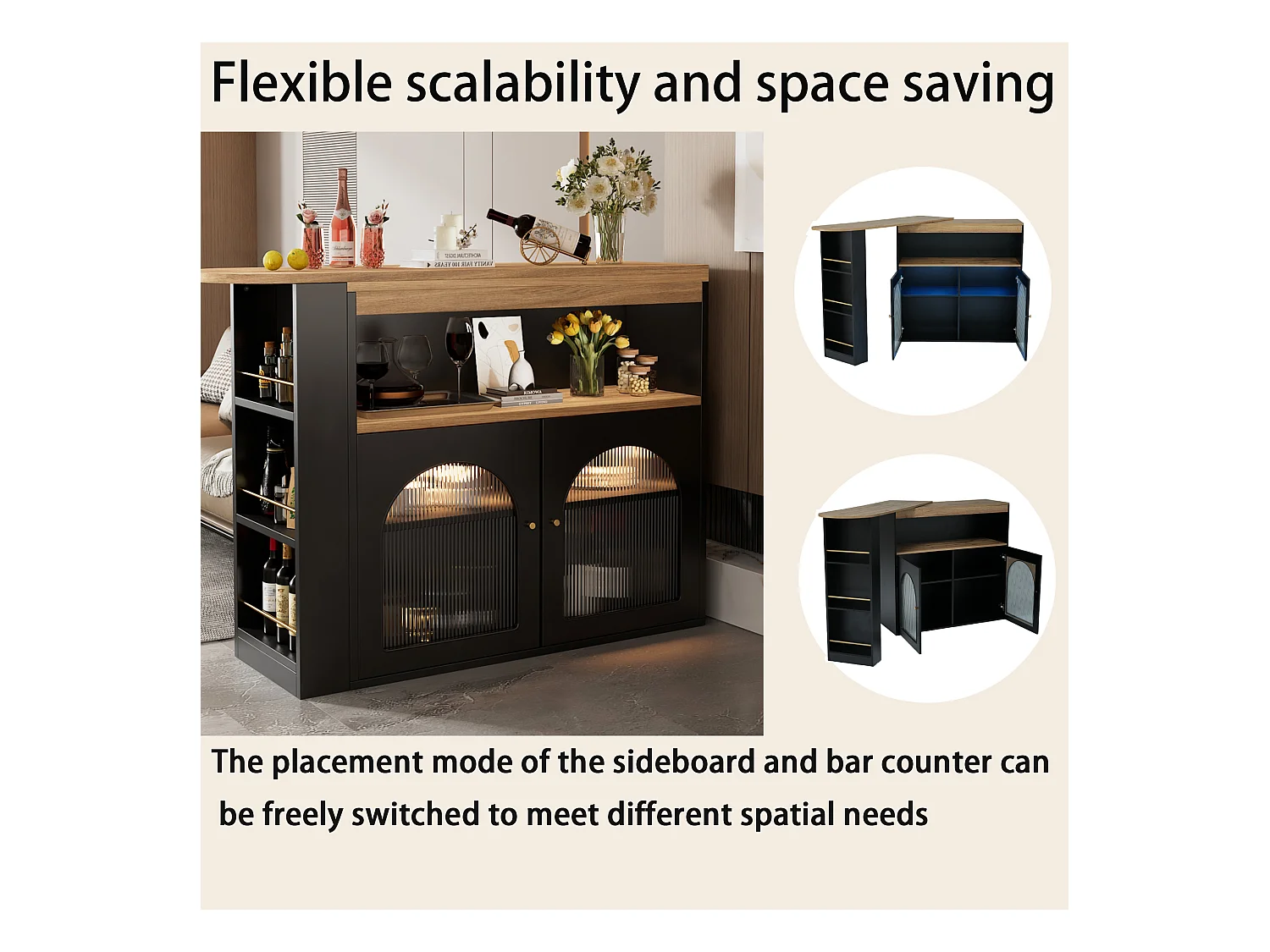 URBAN MEUBLE Vanité extensible rotative moderne noir avec rangement et bande lumineuse LED