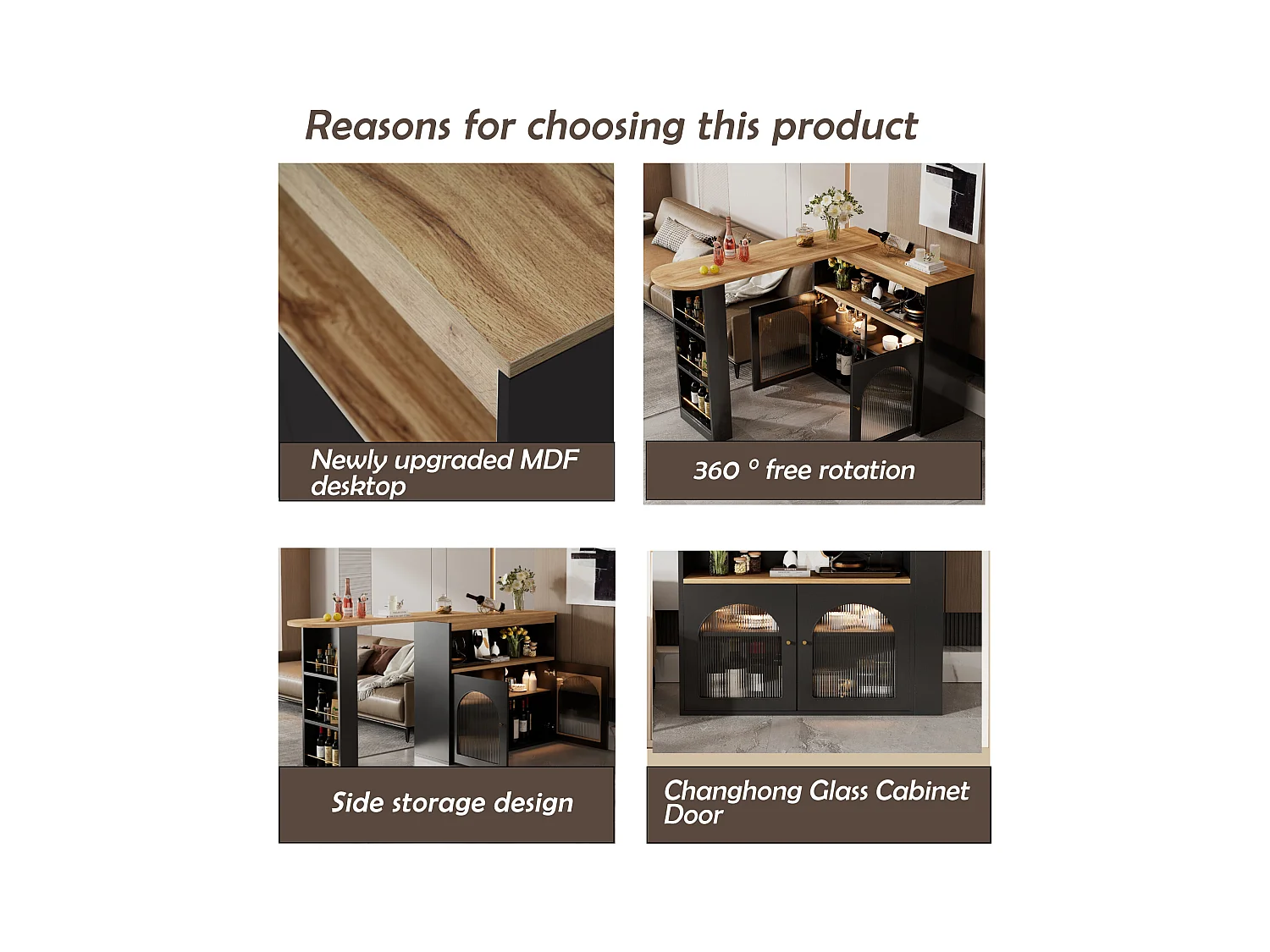 URBAN MEUBLE Vanité extensible rotative moderne noir avec rangement et bande lumineuse LED