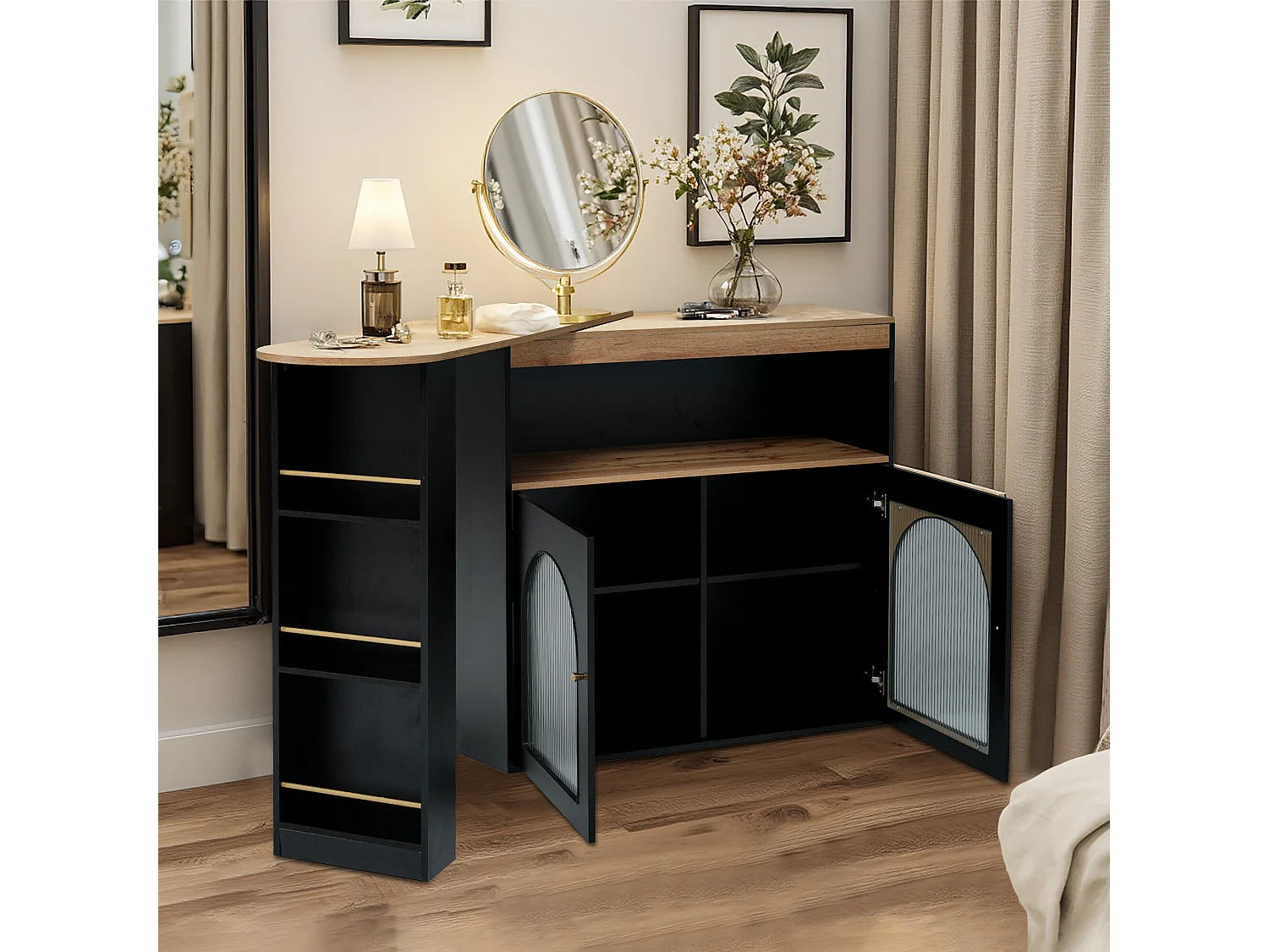 URBAN MEUBLE Vanité extensible rotative moderne noir avec rangement et bande lumineuse LED