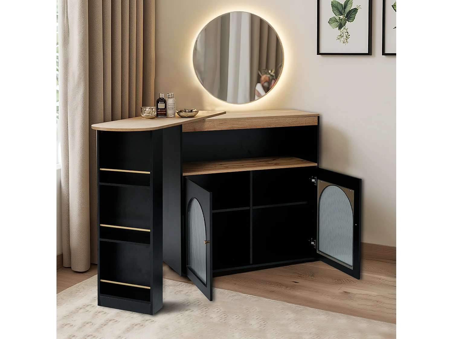 URBAN MEUBLE Vanité extensible rotative moderne noir avec rangement et bande lumineuse LED