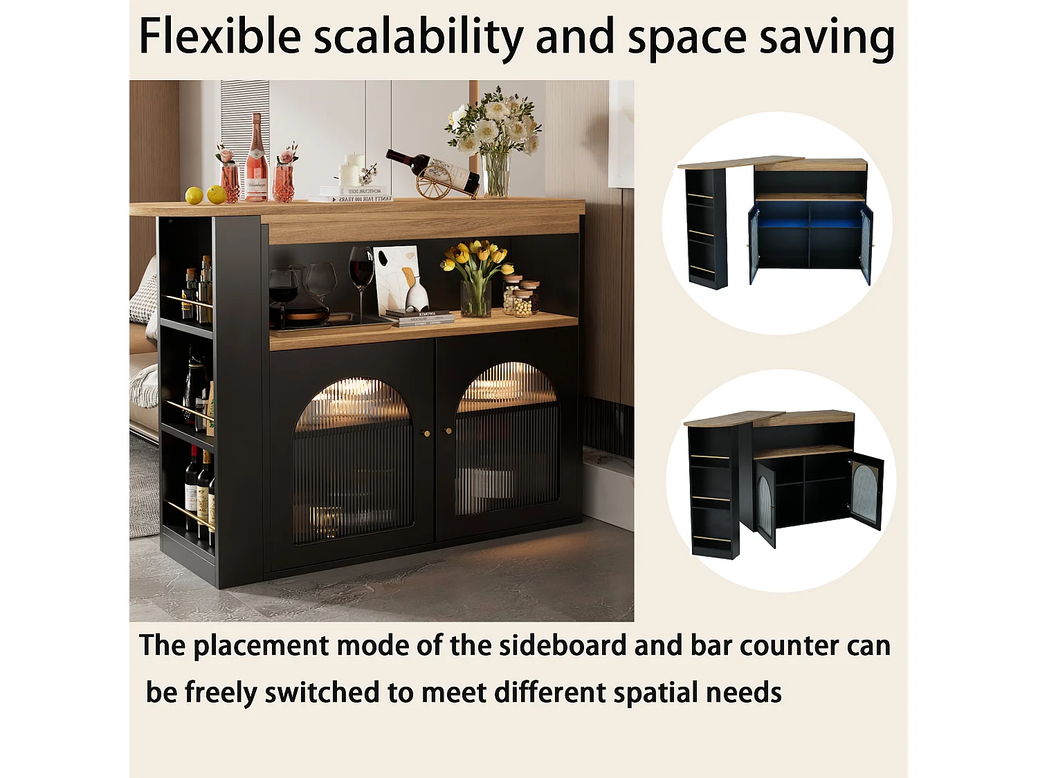 URBAN MEUBLE Vanité extensible rotative moderne noir avec rangement et bande lumineuse LED