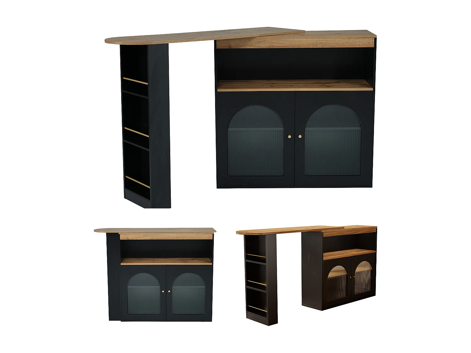 URBAN MEUBLE Vanité extensible rotative moderne noir avec rangement et bande lumineuse LED