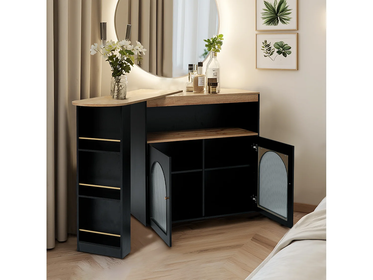 URBAN MEUBLE Vanité extensible rotative moderne noir avec rangement et bande lumineuse LED