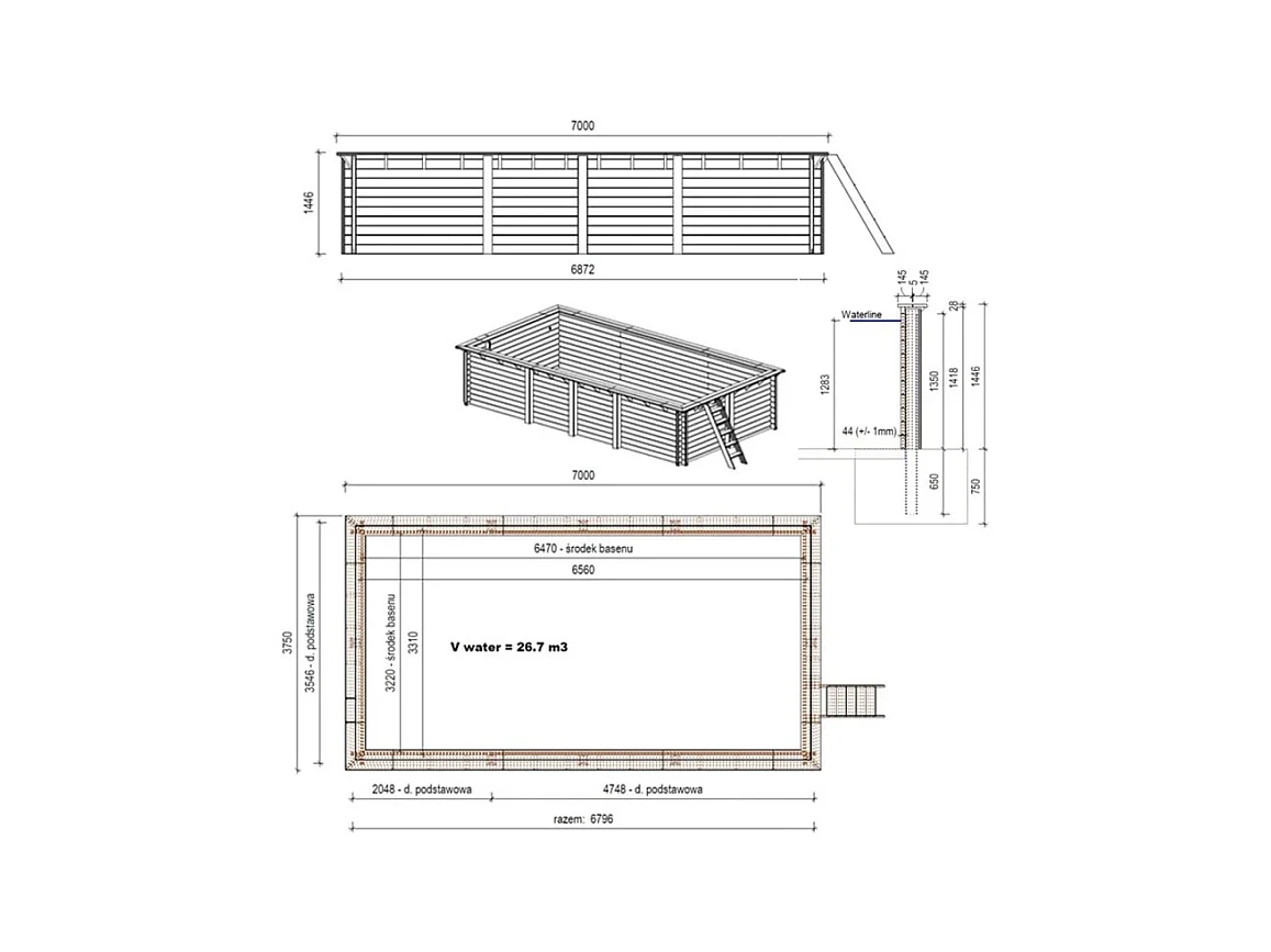Piscine en bois Aqua 7x3.75 - H.1.45 m cadre en métal, sans dalle béton - BAS7308OSPU - ALTANKA