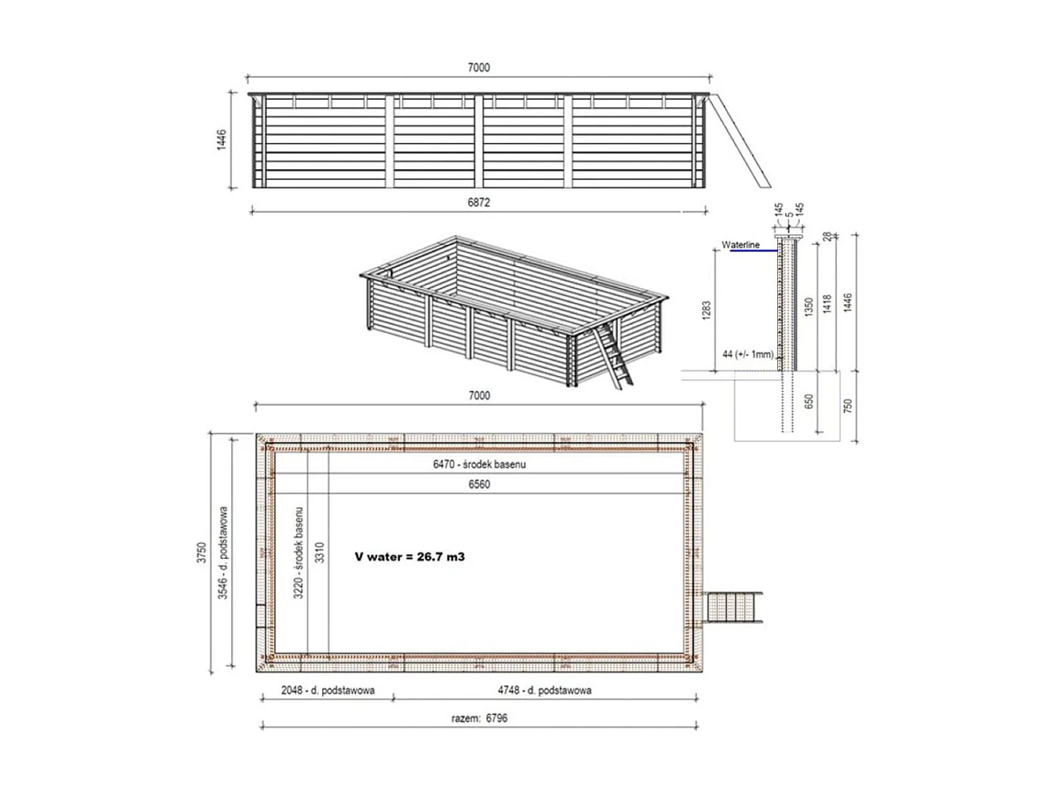 Piscine en bois AQUA 7 x 3.75 - H.1.45 m, bleu pâle, cadre en métal - sans dalle - BAS7308OSPU - ALTANKA