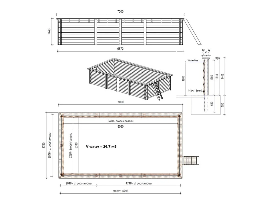Piscine en bois AQUA 7 x 3.75 - H.1.45 m, bleu pâle, cadre en métal - sans dalle - BAS7308OSPU - ALTANKA