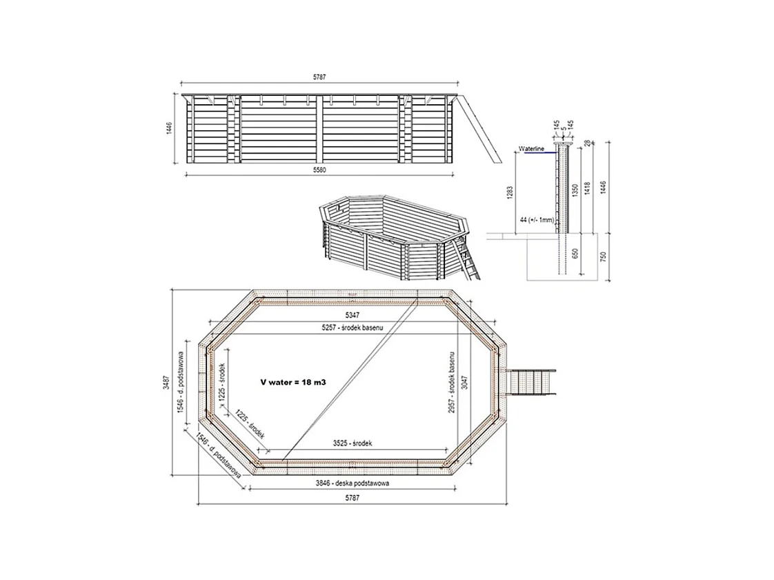 Piscina in legno Nemo 5.79x3.49 - H.1.45 m fissate su calcestruzzo esistente - BAS7304OSPL - ALTANKA