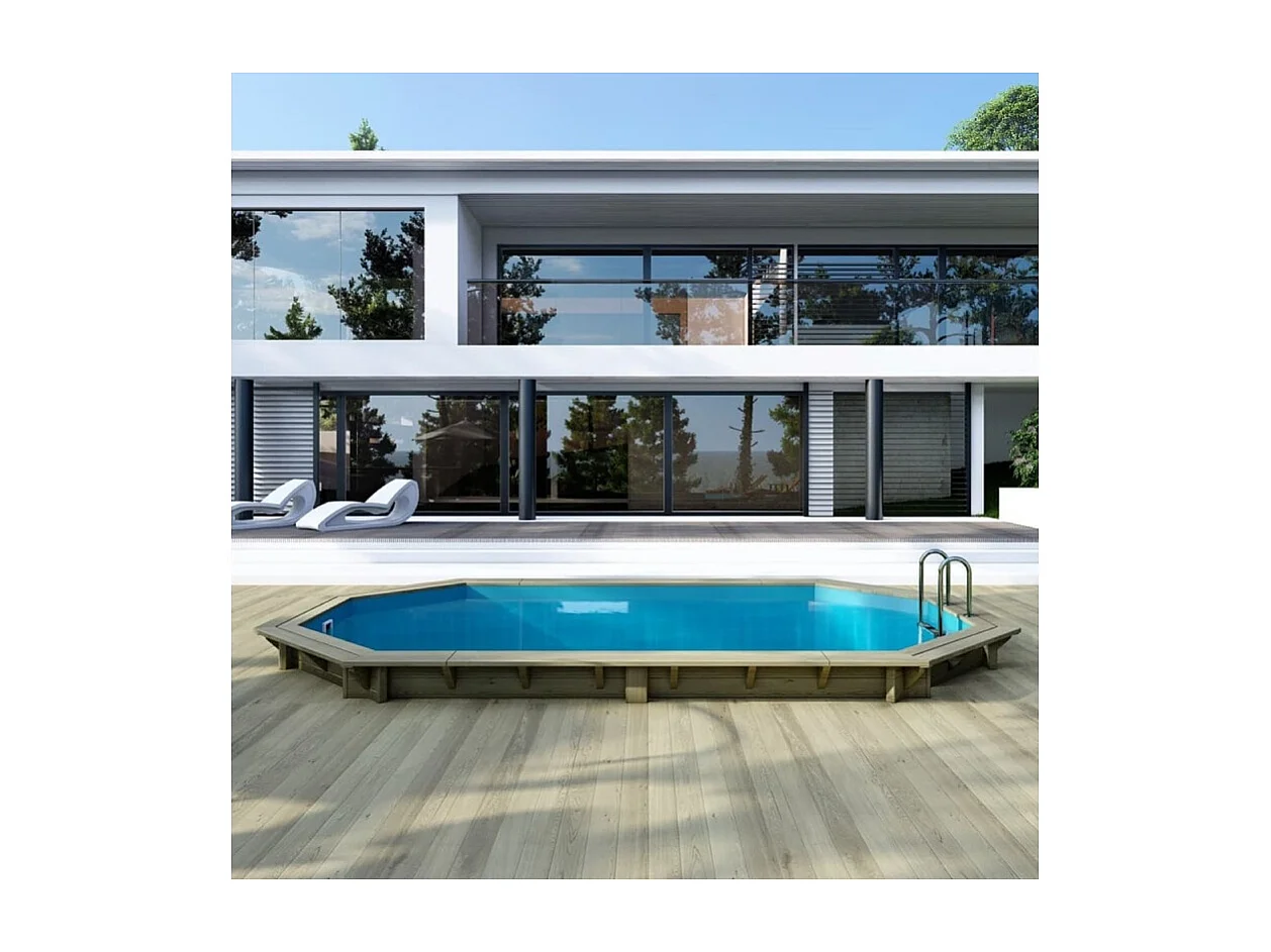 Piscina in legno NEMO 5.79 x 3.49 - H.1.45 m, azzurro chiaro, con supporti fissati al calcestruzzo - BAS7304OSPL - ALTANKA