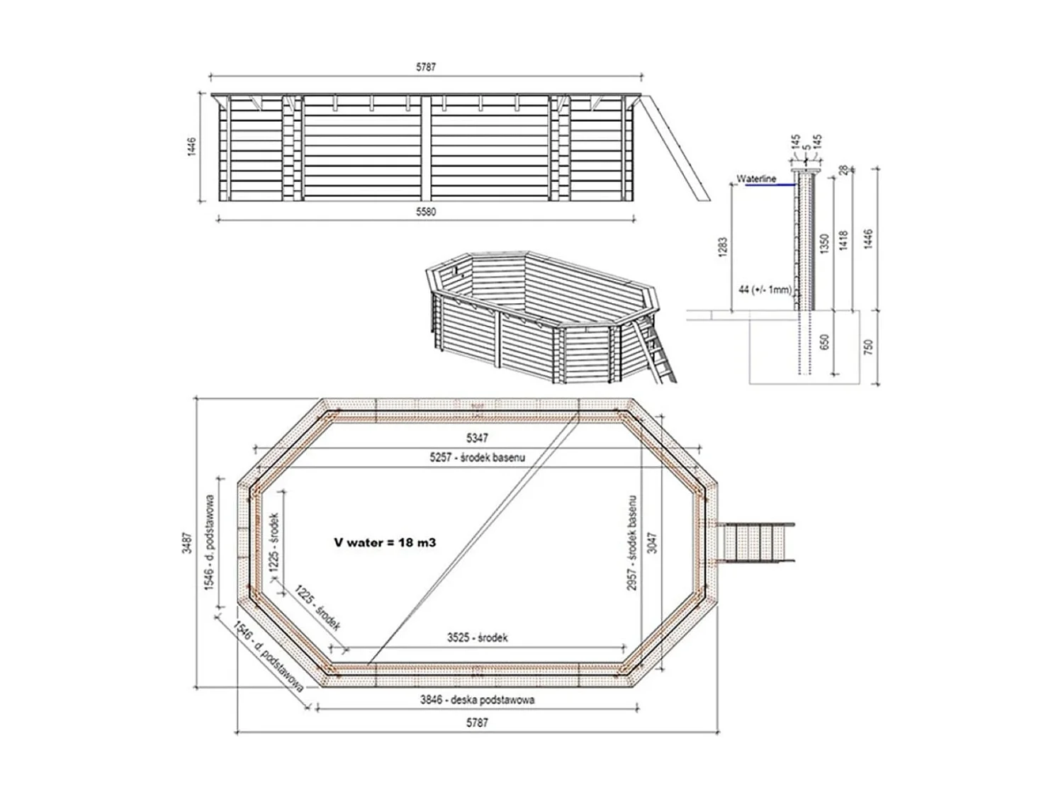 Piscine en bois NEMO 5.79 x 3.49 - H.1.45 m, bleu pâle, fixations à visser - BAS7304OSPL - ALTANKA