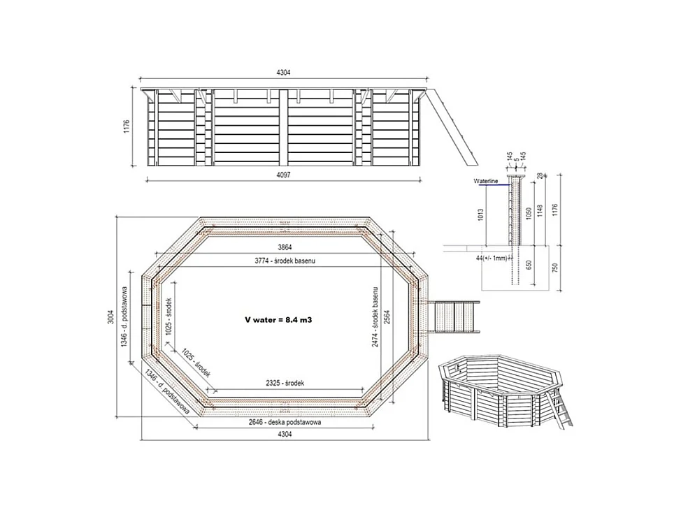 Piscina in legno Nemo 4.3x3.00 - H.1.18 m fissate su calcestruzzo esistente - BAS7302OSPL+SZA - ALTANKA