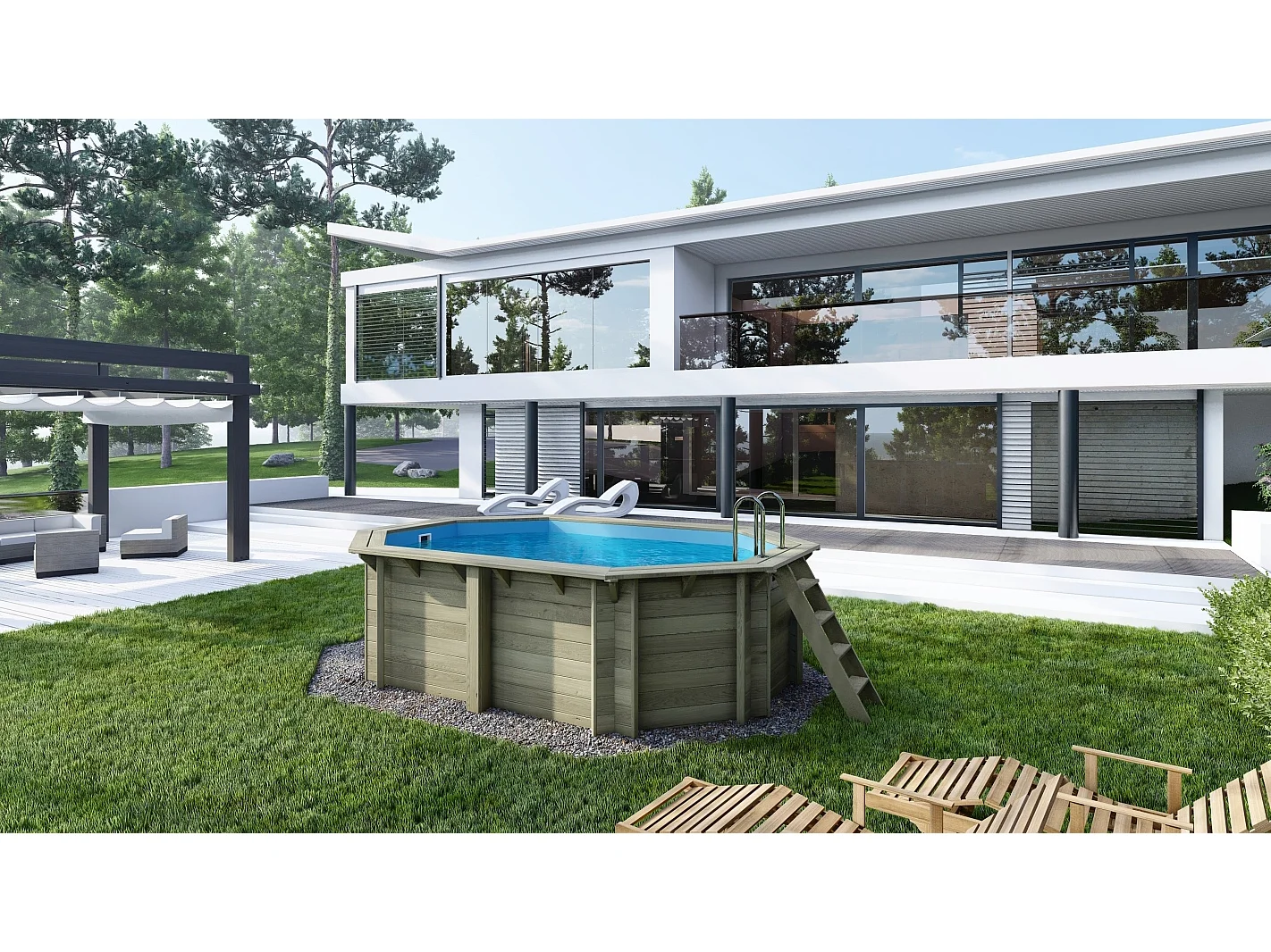 Piscina in legno Nemo 4.3x3 - H.1.18 m fissate su calcestruzzo esistente - BAS7302OSPL+SZA - ALTANKA