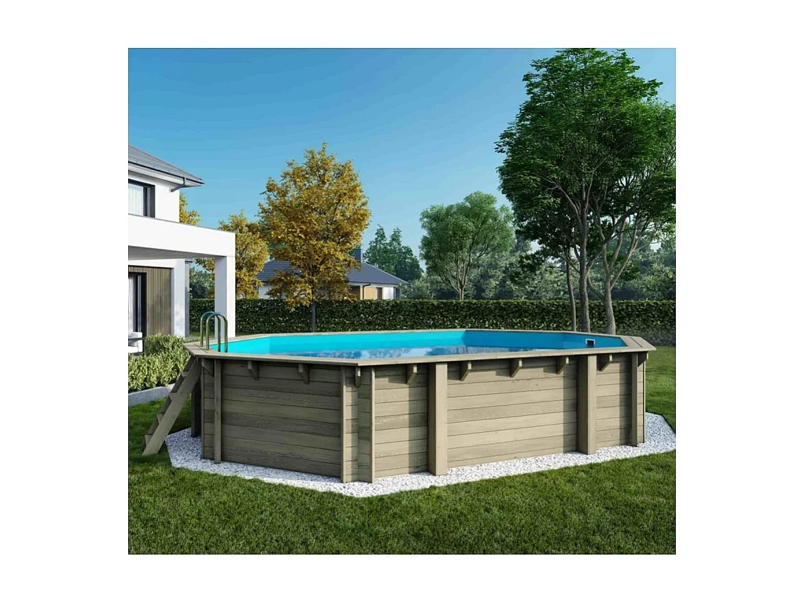 Piscina in legno Sao Paulo 6.57 x 4.07 - H.1.2 m, azzurro chiaro, con supporti fissati al calcestruzzo - BAS748OSPL - ALTANKA