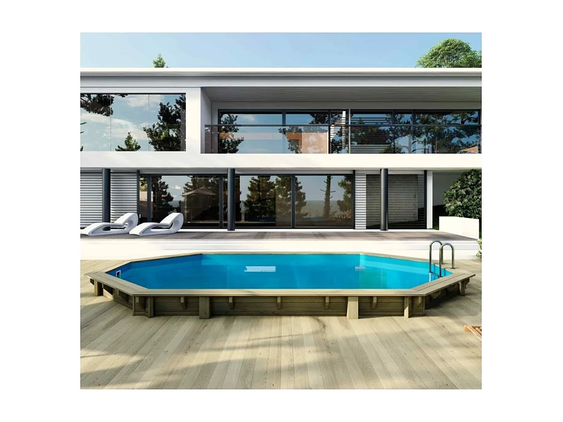 Piscina in legno Sao Paulo 6.57 x 4.07 - H.1.2 m, azzurro chiaro, con supporti fissati al calcestruzzo - BAS748OSPL - ALTANKA