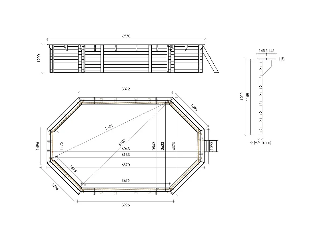Piscina in legno  6.57x4.07 - H.1.20 m su telaio senza cementazione - BAS748OSPU+SZA - ALTANKA