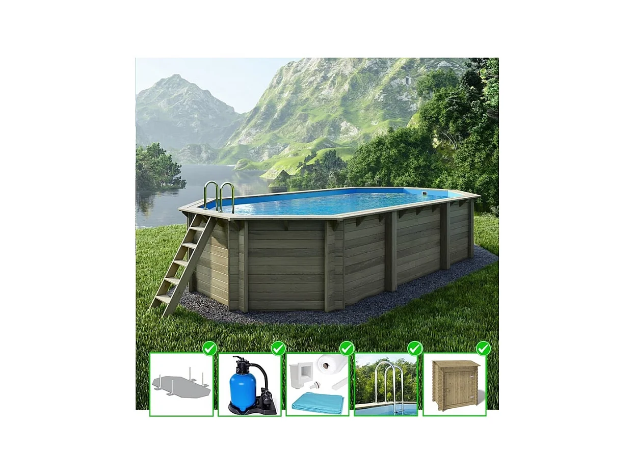 Piscina in legno Nemo 7.3x3.97 - H.1.45 m fissate su calcestruzzo esistente - BAS7305OSPL+SZA - ALTANKA