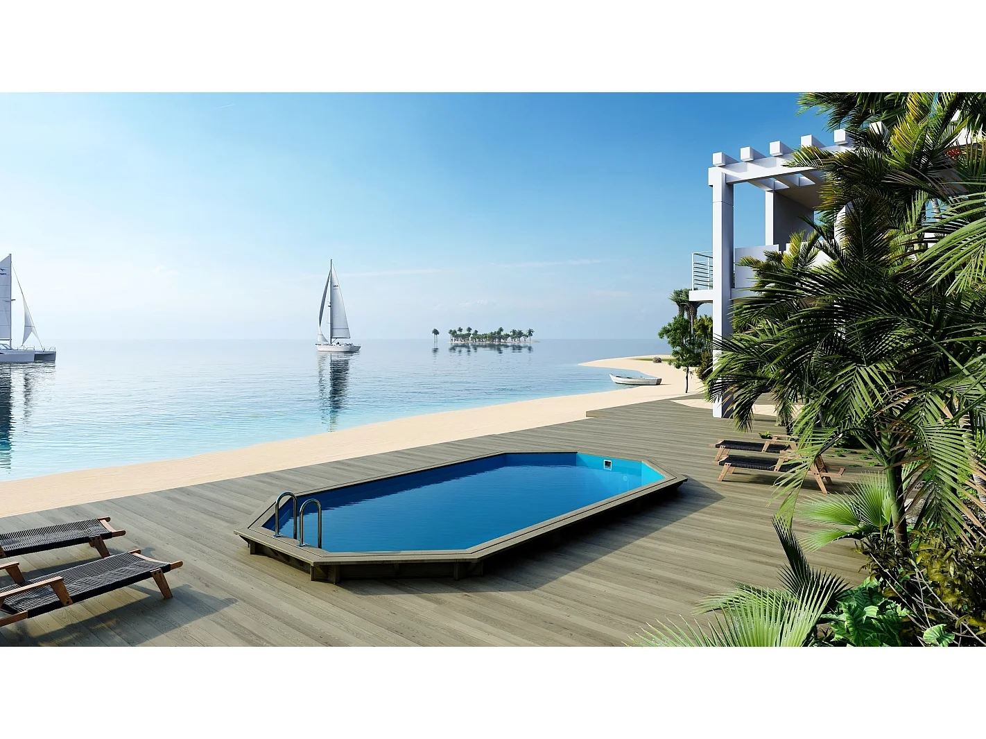 Piscina in legno Nemo 7.3x3.97 - H.1.45 m fissate su calcestruzzo esistente - BAS7305OSPL+SZA - ALTANKA