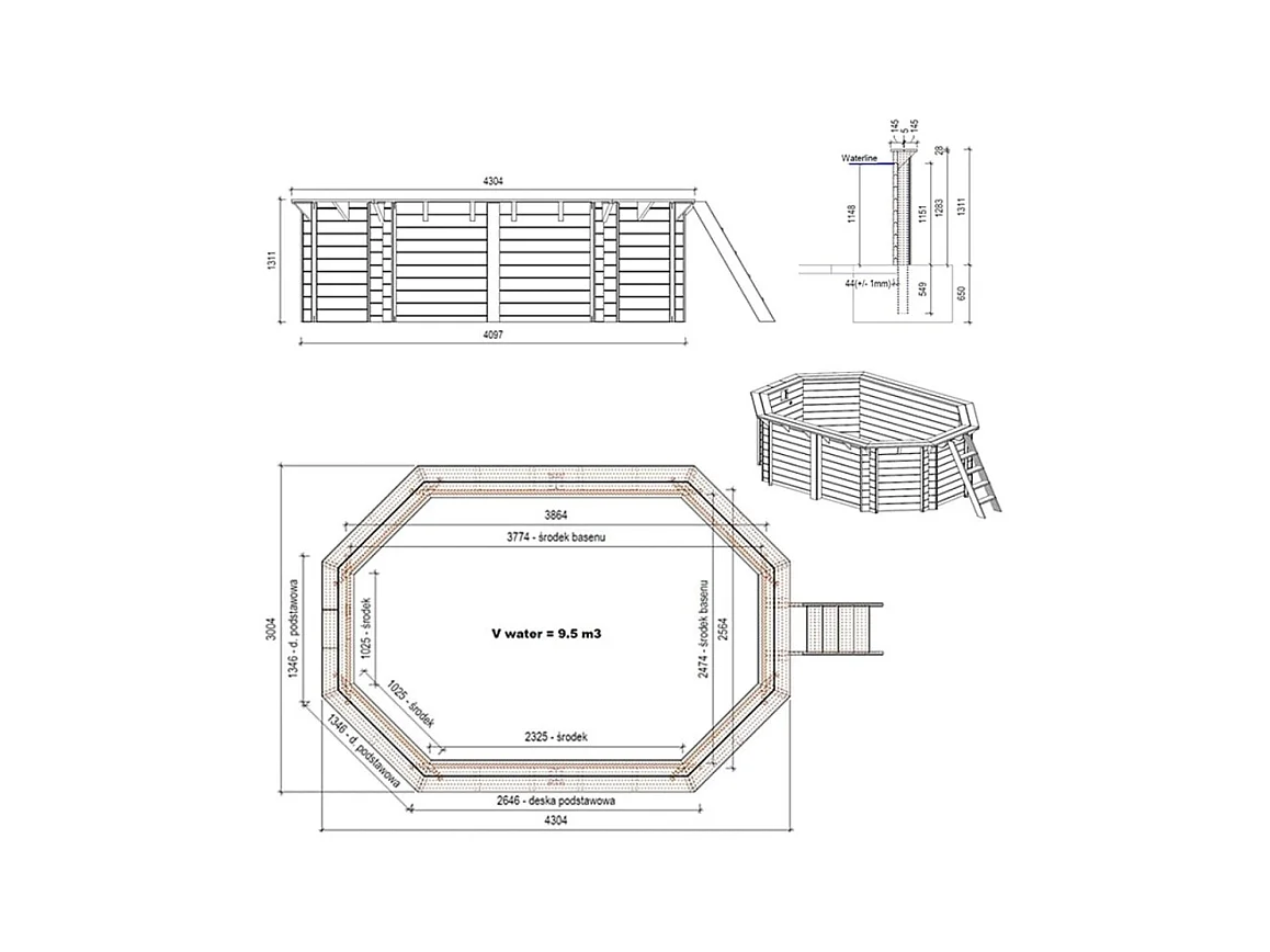 Piscina in legno Nemo 4.3x3.00 - H.1.31 m fissate su calcestruzzo esistente - BAS7303OSPL+SZA - ALTANKA
