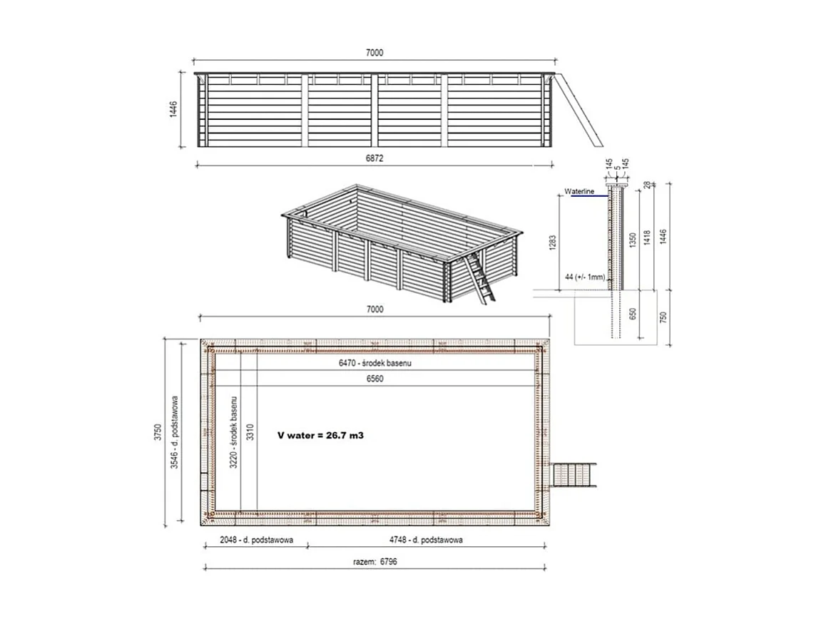 Piscina in legno Aqua 7x3.75 - H.1.45 m fissate su calcestruzzo esistente - BAS7308OSPL+SZA - ALTANKA