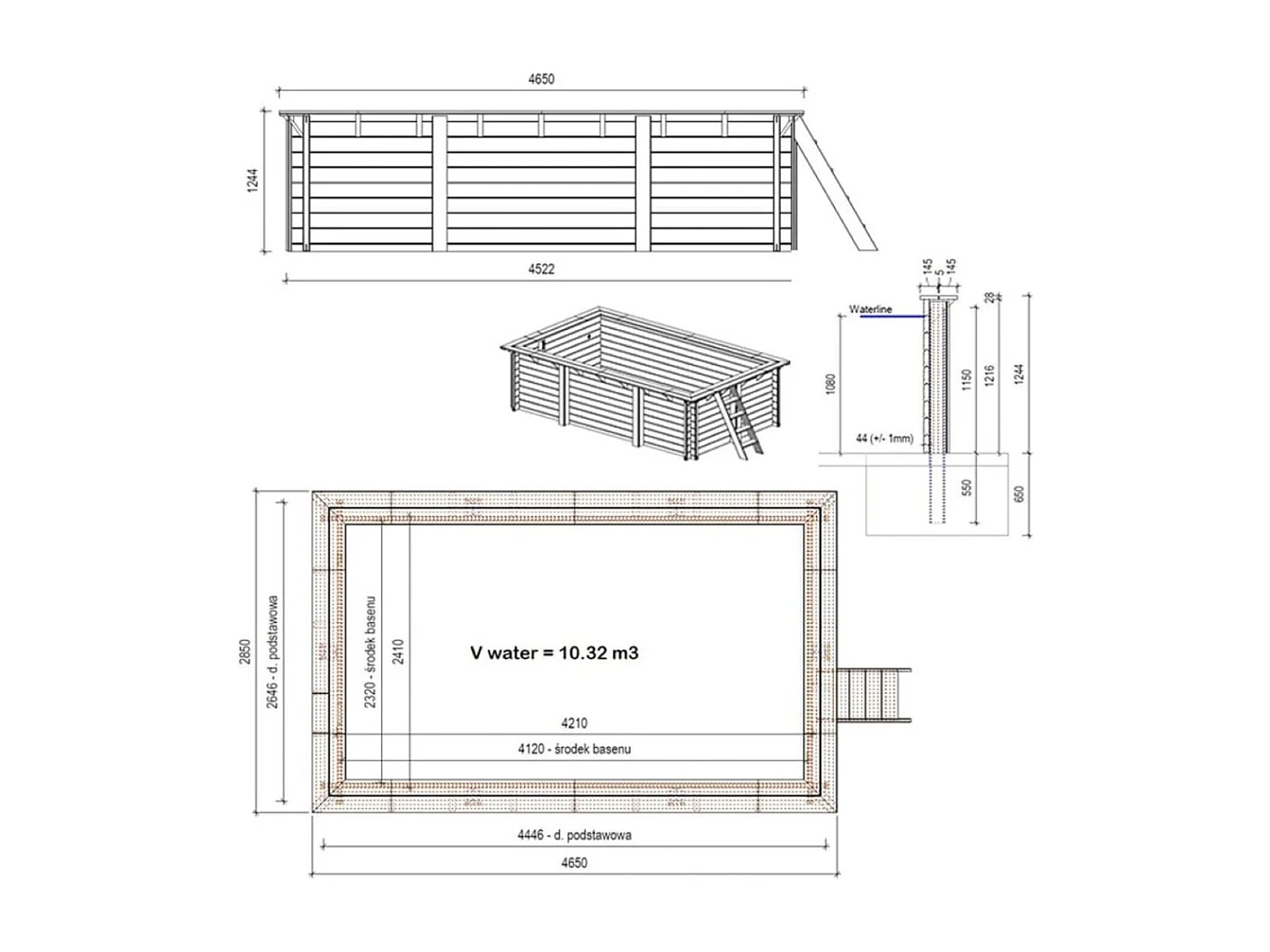 Piscina in legno AQUA 4.65 x 2.85 - H.1.24 m, azzurro chiaro, con supporti fissati al calcestruzzo - BAS7306OSPL - ALTANKA